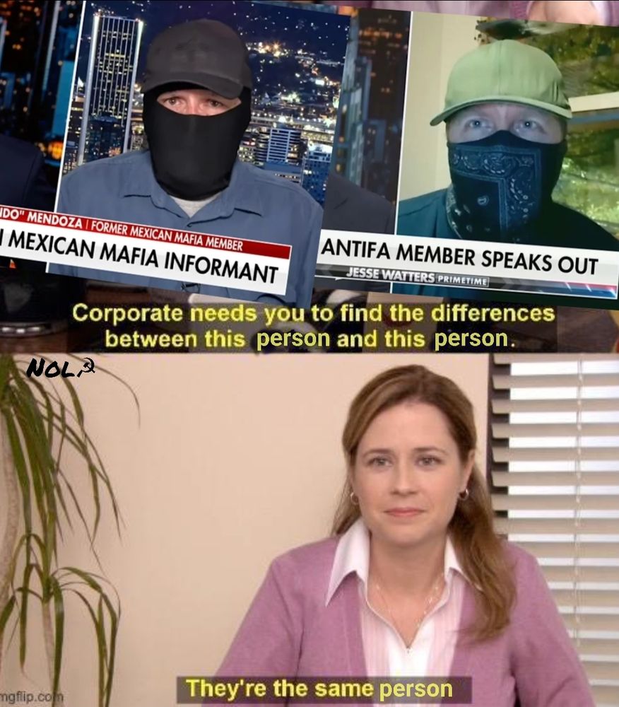 2 pictures of a caucasian man wearing a hat and a mask. Both appearing on a fox entertainment news segment.  One is labeled Mexican mafia informant the other is labeled antifa member speaks out the text below the 2 pictures says corporate needs you to find the differences between this person and this person. The picture below is of a woman dressed professionally in what looks to be an office. Her reply is they're the same person. 