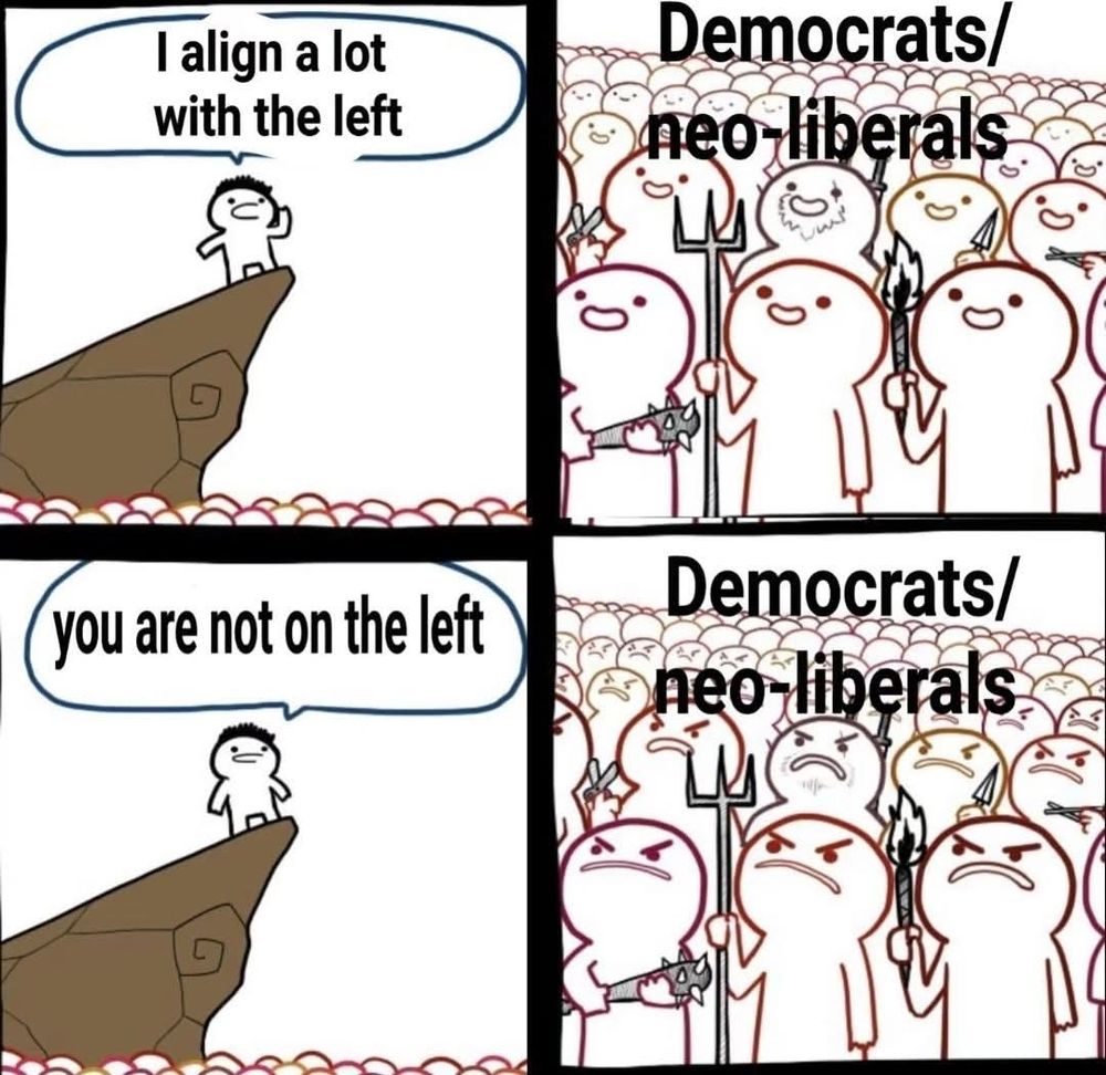 Panel 1. A person looking over a crowd says "I align a lot with the left". Panel 2. The crowd with pitchforks and torches labeled Democrats/neo-liberals. They are all smiling. Panel 3. The person looking over the crowd says "you are not on the left". Panel 4 the crowd turns angry. 