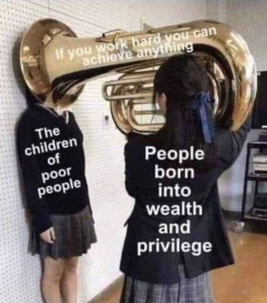 Two students wearing school attire. The first is against the wall and labeled the children of poor people. The second is holding a tuba up to the face if the first and is labeled people born into wealth and privilege.  The tuba is labeled if you work hard you can achieve anything.