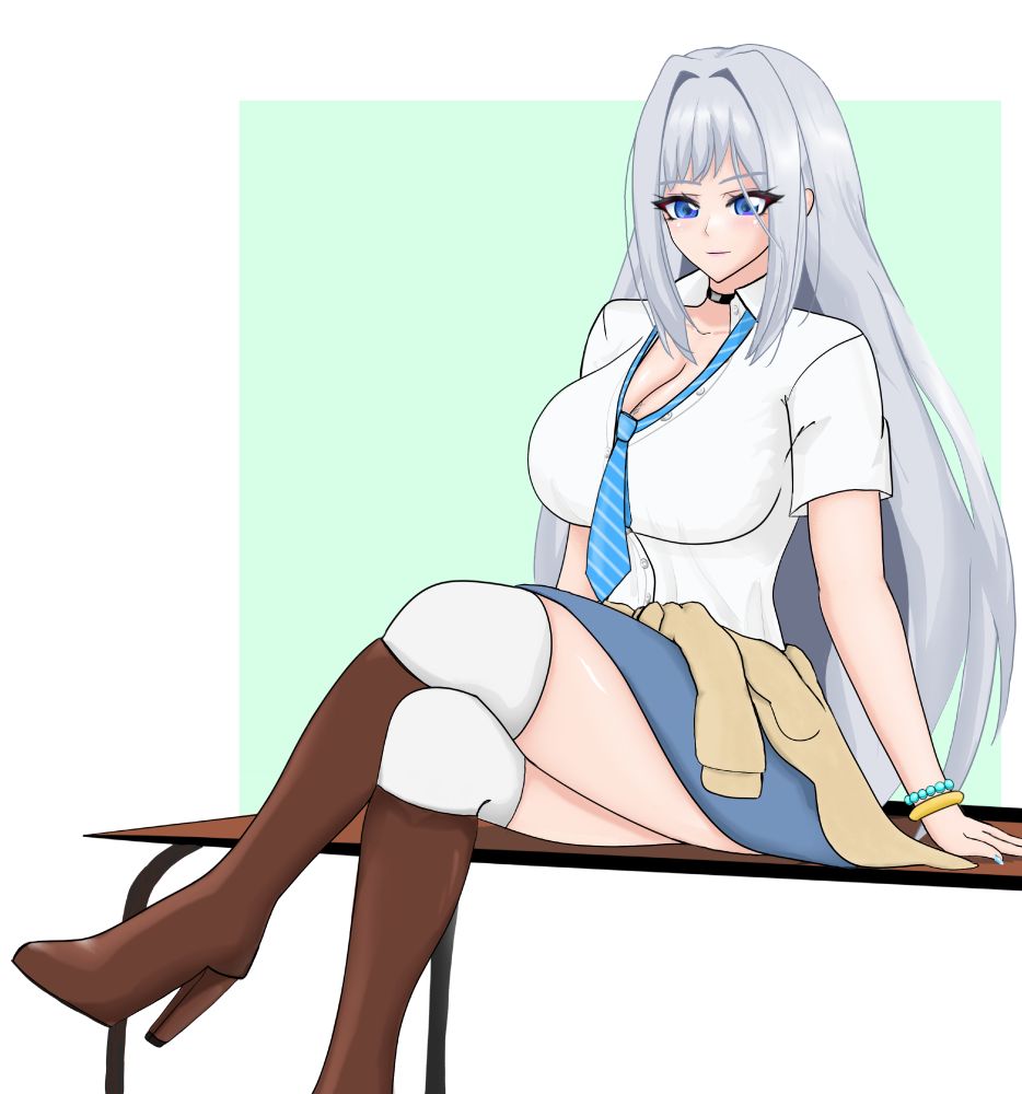 silvercoat Ethel sat on bench wearing school gyaru outfit (idk much about this style dont hurt me)