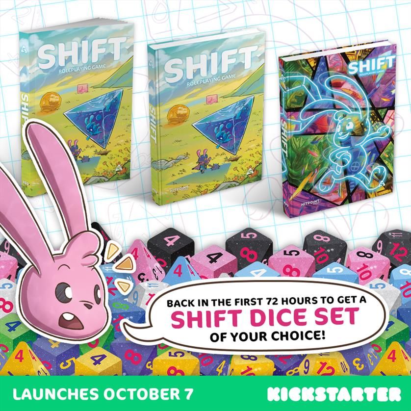 Risky and four sets of dice: pink and black, blue and white, blue and green, purple and yellow.