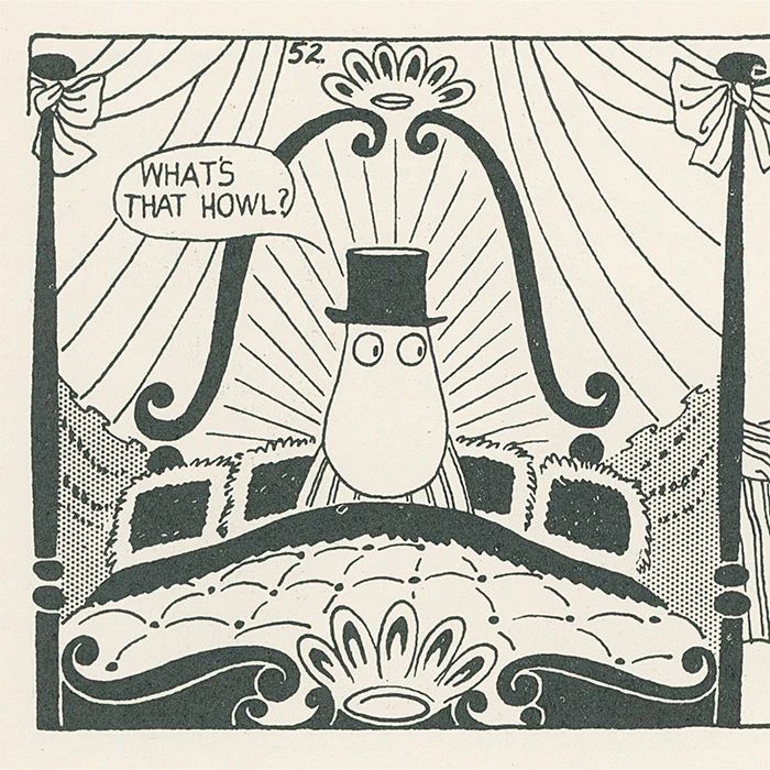 Papa Moomin sits up in a grand four poster bed, he is wearing a top hat, nervous eyes to the right 