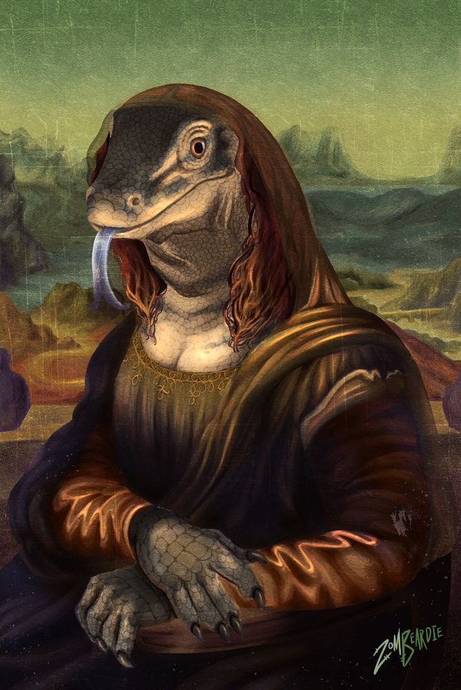 A monitor lizard wearing flowing garments sits in a chair with her hand politely crossed. Her auburn hair flows down her long neck. An enigmatic smile is on her face, with her blue tongue flicked out. A painting of a landscape is behind her.