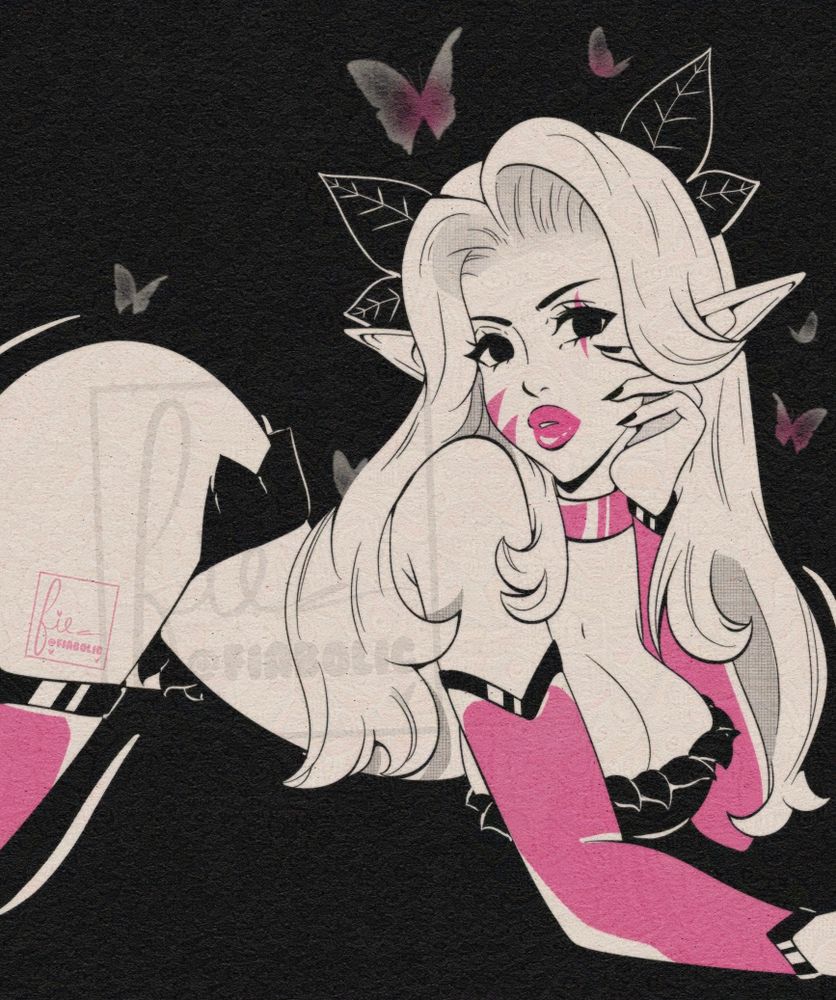 An elven woman laying on her stomach, wearing black to, shorts, and pink sleeves and long boots. She has two black leaves sticking out of her white hair. Her lips are pink and she looks unimpressed. 