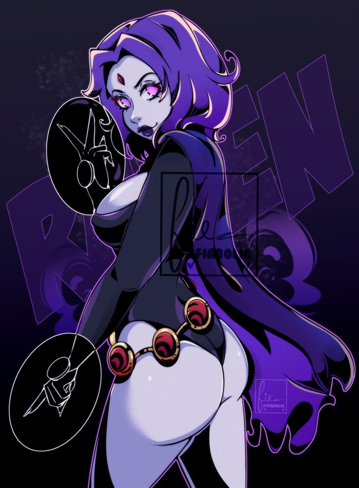 Illustration of Raven (DC) from the side. Her right hand is up and doing a peace sign, and she’s smirking looking over her shoulder. Her booty is out and her cape is flowing around her. Behind her is the word “Raven” written in purple. 