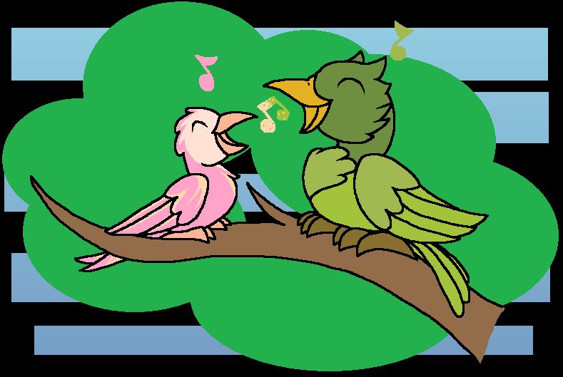 two birds sing together, their songs merging into a single note. a small pink bird sings, making pink notes, and a larger green bird sings green notes. they sit on the branch of a tree with green leaves.