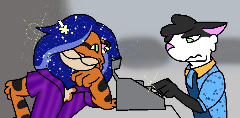 a tiger with a blue lion's mane covered in sparkles and stars wears a purple shirt as he leans on the counter of a store. he smiles ruefully as if he made a bad joke as a black and white cat wearing a blue and yellow shirt grimaces at the cash register, a star sitting on his finger.
