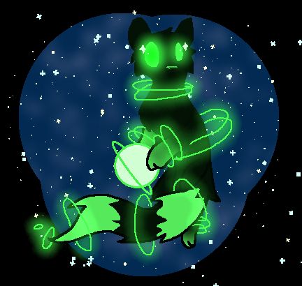 a black cat with green eyes and paws. the green glows. he also has rings that float around his neck and limbs. these also glow. he holds a green Saturn in his paws