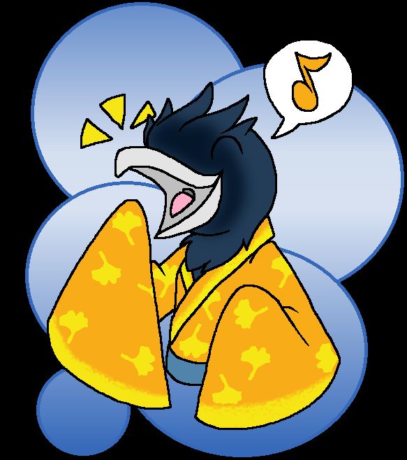 a very happy crow in a orange kimono with yellow ginkgo leaves laughs, holding a hand cloaked in the kimono sleeve to try and stifle the sound, but they are too joyful.