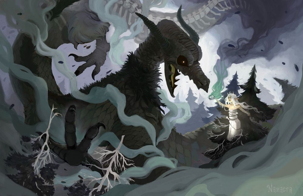 A vulture dragon summoned by a witch, cast out from a skull in smoke fused to flesh and bone. 