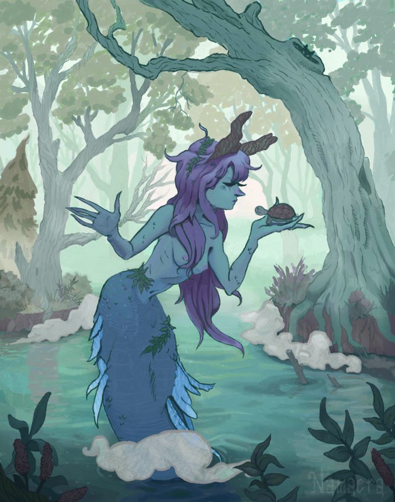 A Swamp Mermaid spinning tales of the forest to her small companion as they travel across murky waters.