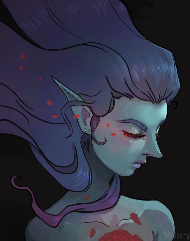 An elven woman with a petaled heart, blues, purples, and reds. Her hair is flowing up as if she is sinking in water.