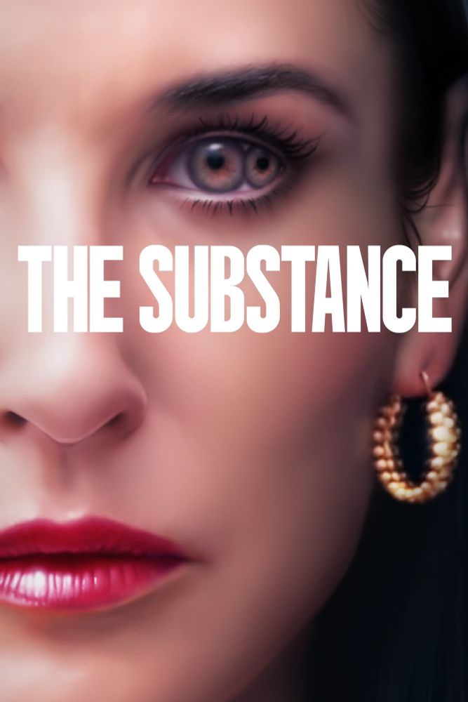 Poster for The Substance (2024), showing acresses face with a double iris eye.