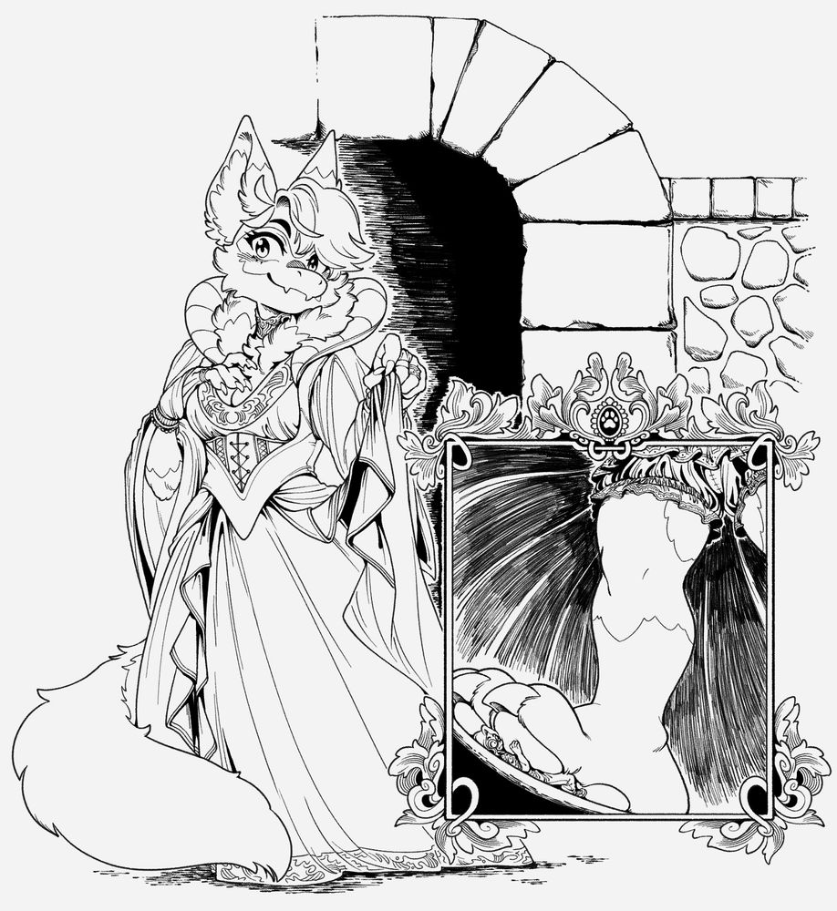 Princess Caeli in a proper dress with a micro human under her toes, hes blushing while being squished 