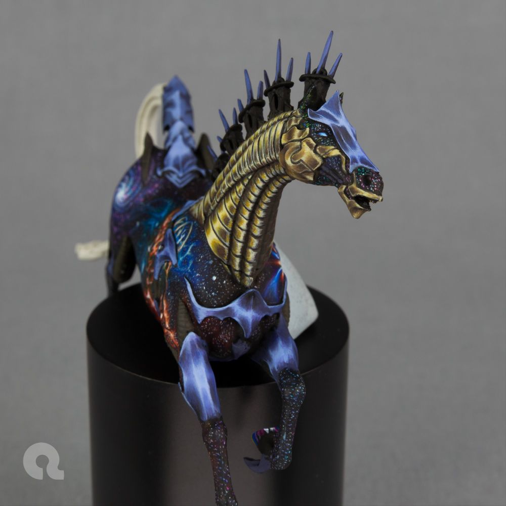 Work in progress picture of the second space horse for 'Apollon God of Sun' (Kimera Models) - view from the front.

The horse itself is covered with painted celestial objects like nebulae, clusters, galaxies, stars etc., some of the decorative details are still primed in black and some have been painted / sketched in as brass non-metallic metal surfaces.