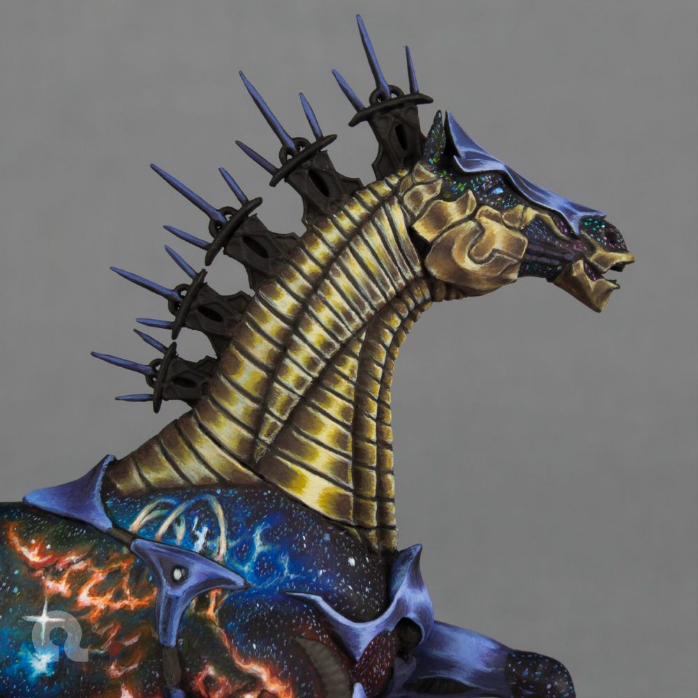 Work in progress picture of the second space horse for 'Apollon God of Sun' (Kimera Models) - closeup to the head and neck, with the nmm brass details.

The horse itself is covered with painted celestial objects like nebulae, clusters, galaxies, stars etc., some of the decorative details are still primed in black and some have been painted / sketched in as brass non-metallic metal surfaces.