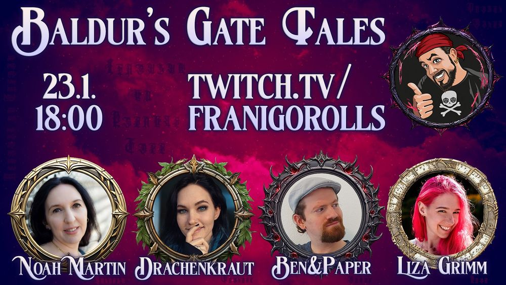 Flyer für Baldur's Gate Tales D&D am Donnerstag ab 18 Uhr auf twitch.tv/franigorolls
