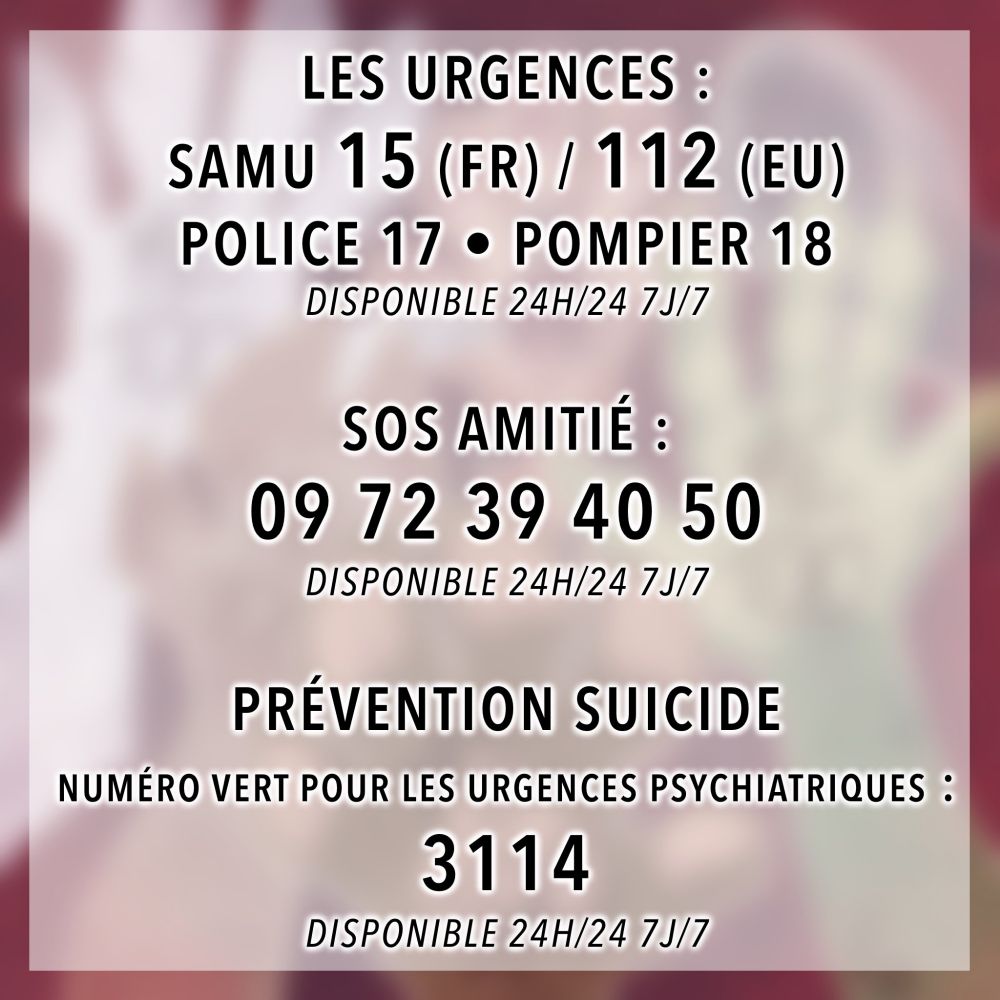 Visuel rappelant les numéros de téléphone importants ; Samu 15 (fr) ou 112 (eu) ; police 17 ; pompiers 18 ; sos amitié 0972394050 ; prévention suicide 3114