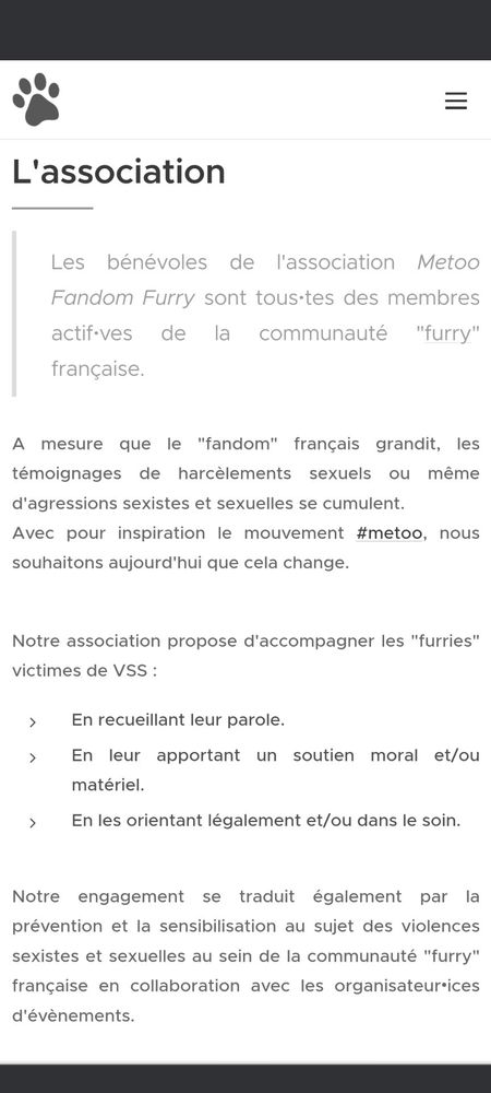 Capture d'écran de la page internet présentant les objectifs de l'association metoo fandom furry