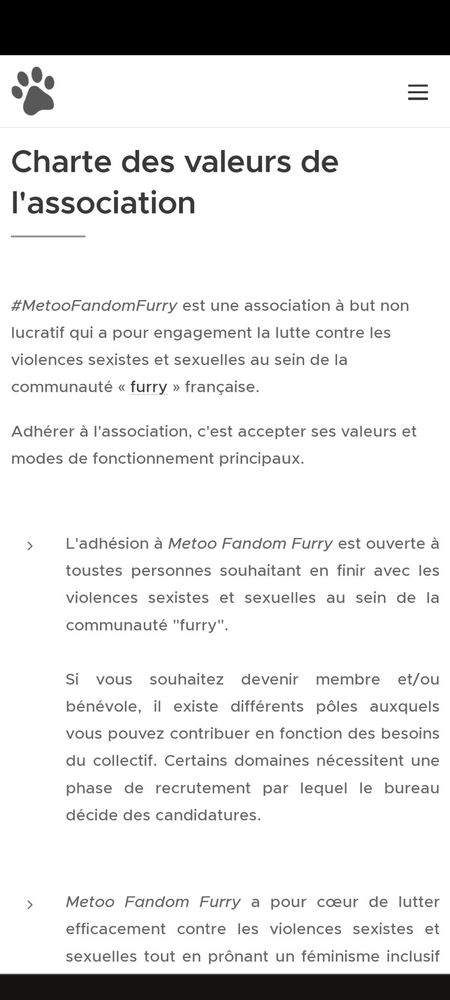 Capture d'écran de la page internet où vous pouvez consulter la charte des valeurs de l'association metoo fandom furry