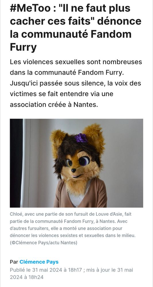 Capture d'écran de l'article disponible sur le site internet d'actu Nantes à propos de l'association metoo fandom furry 