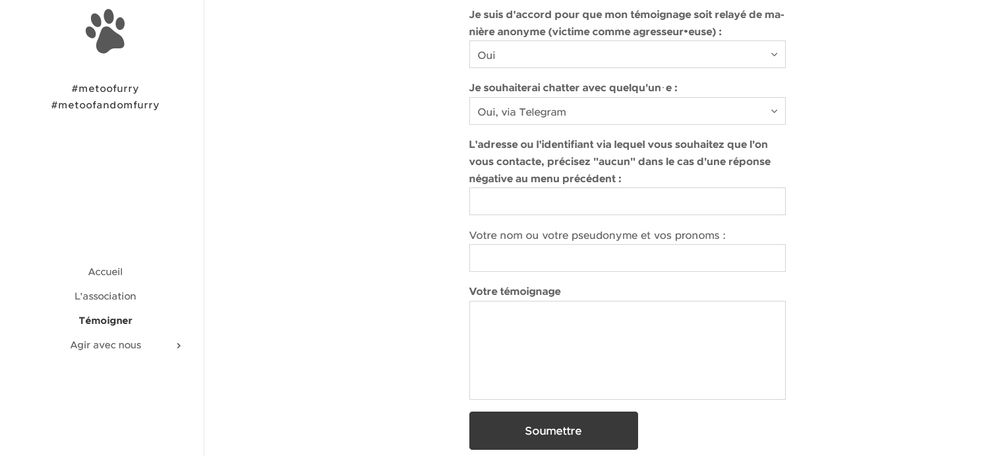 Capture d'écran de la page internet où retrouver le formulaire pour témoigner auprès de metoo fandom furry