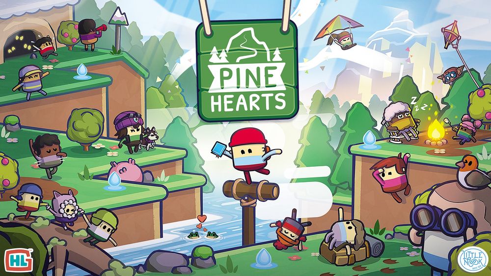 Key Art of Pine Hearts featuring several characters from the game interacting with the environment