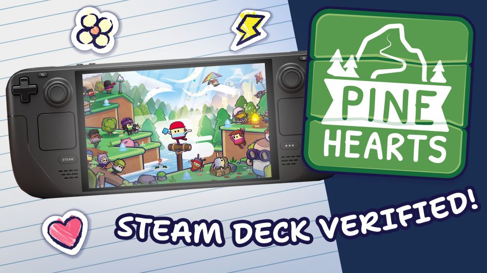 A Steam Deck handheld device featuring key art from Pine Hearts on the screen. The Pine Hearts Logo covers the rightmost side of the device. Text below reads: "Steam Deck Verified!" 