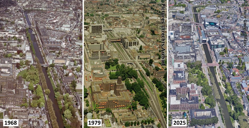Three aerial pictures of Utrecht (Netherlands) from 1968 with the city moat, from 1979 where the city moat was replaced with a motorway and from 2025 with the canal returned.