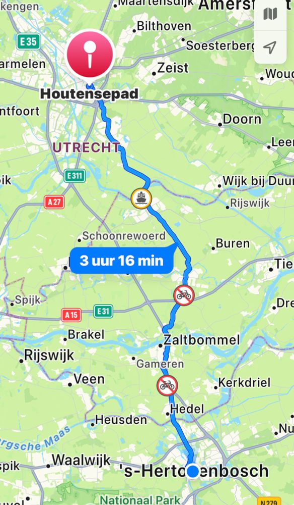 The route. 55km from Utrecht to ‘s-Hertogenbosch on Apple Maps. 
