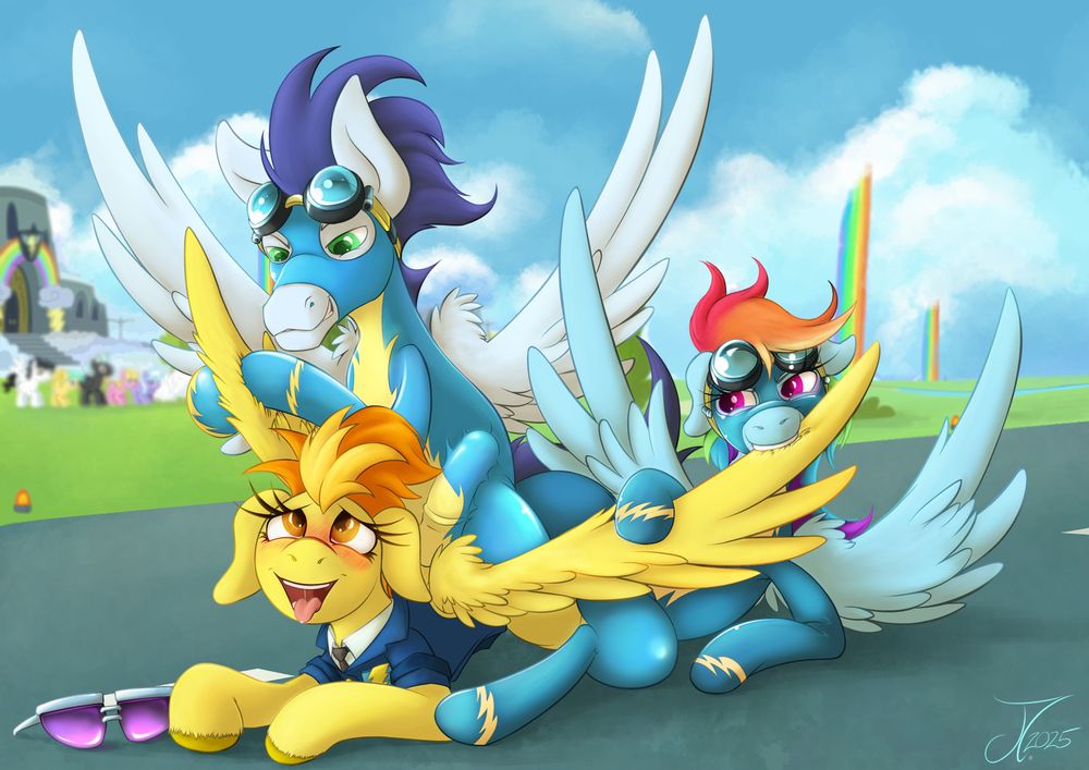 Spitfire in her sergeant outfit lying on the runway of the Wonderbolts Academy. Spitfire is blushing and moaning with pleasure as Soarin' and Rainbow Dash massage and preen her wings.