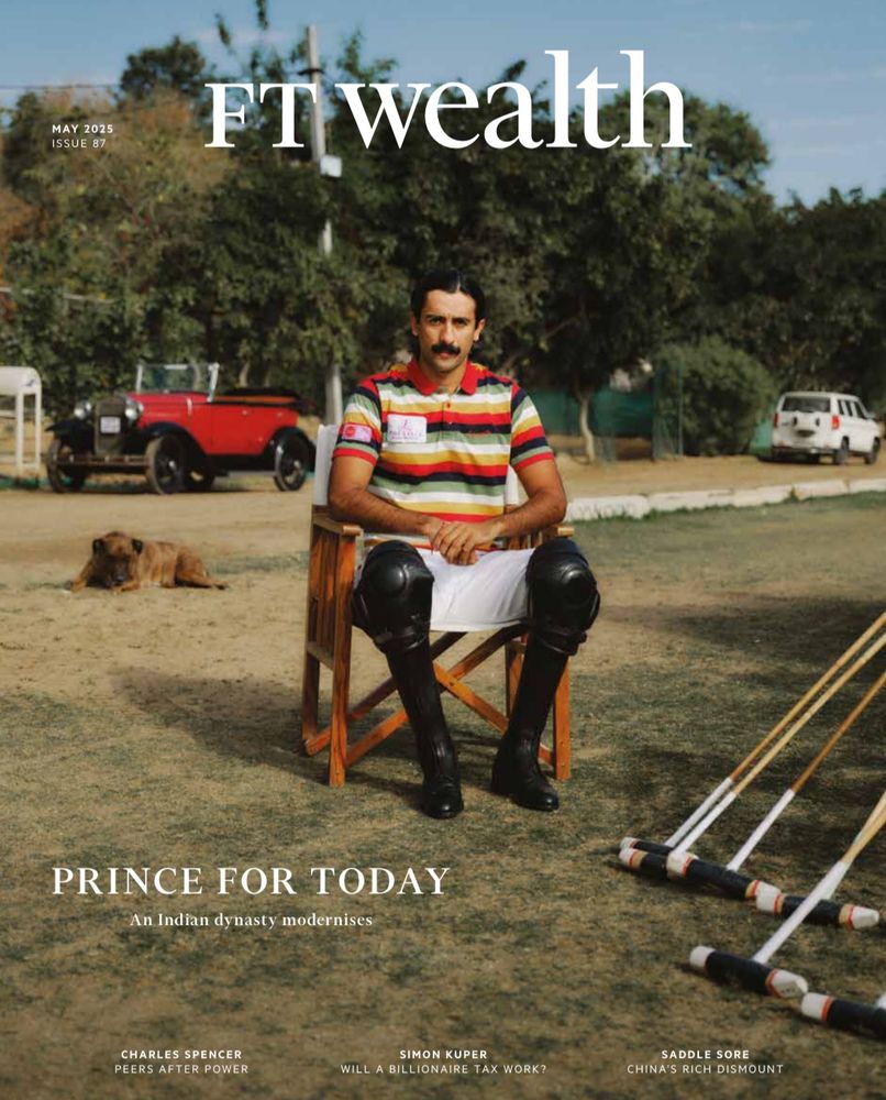 FT Wealth in white font above a picture of a young man in polo gear sitting in a chair on a dry grass field with a dog and a classic car in the background