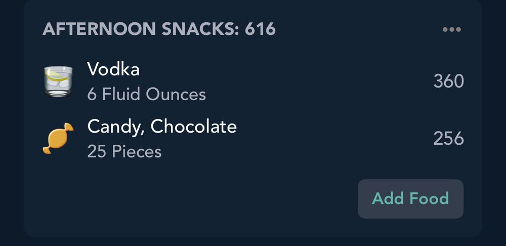 A weight loss app showing my lunch snack yesterday: vodka and peanut m&ms. OC. 