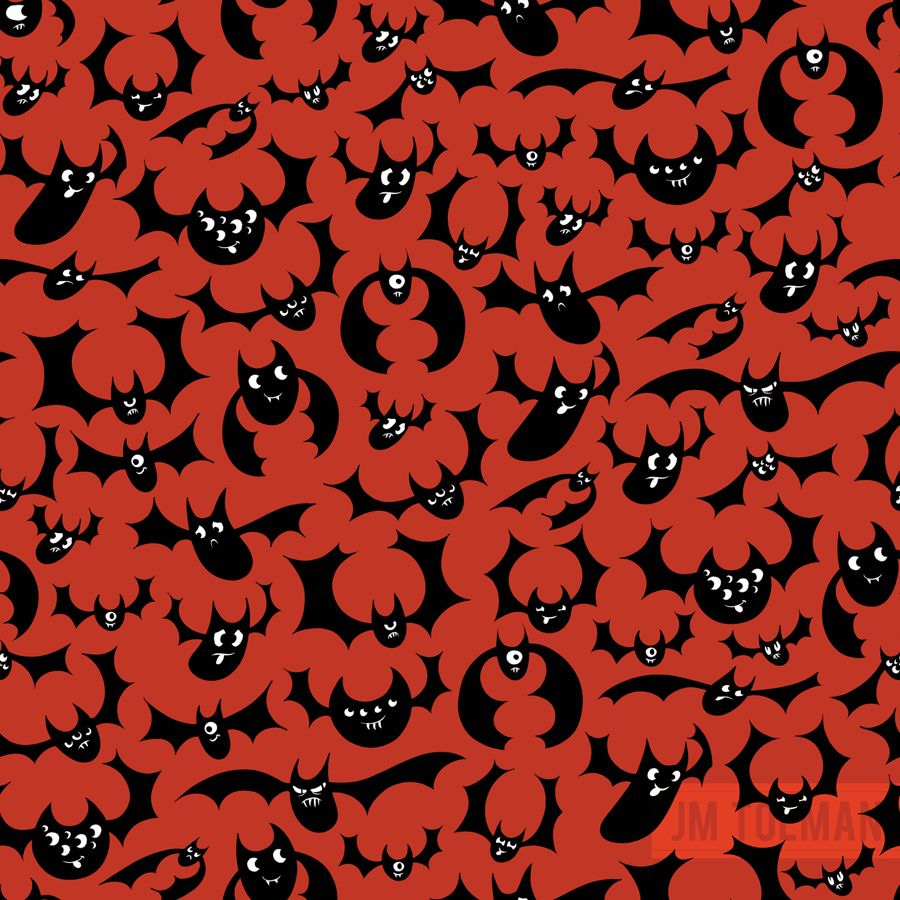 A pattern of goofy-looking cartoon bats in red and black.
