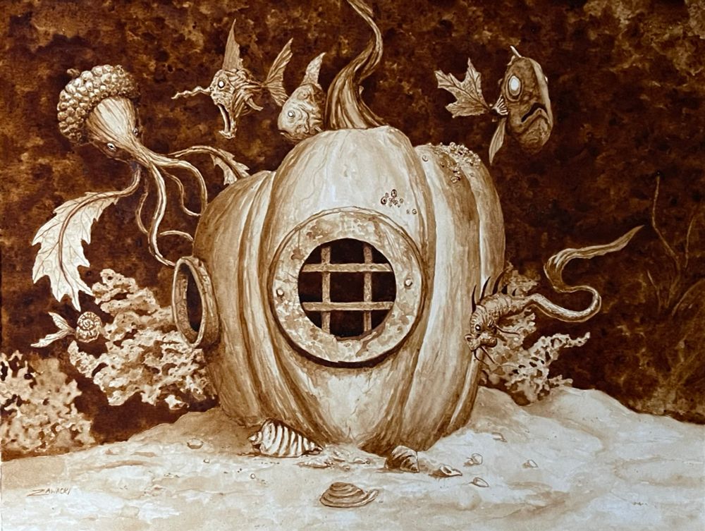 A pumpkin diving helmet sits at the bottom of the sea. Close by there is strange sea life, including a squidish acorn and a leaf-tailed fish. Painted with coffee. 