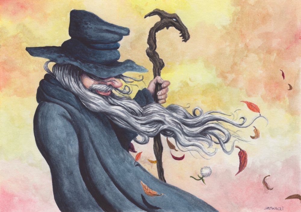 Autumn leaves breeze past a wizard with a staff. His beard and cloak billow. His hat is scrunched. The sky presents colors of autumn. 