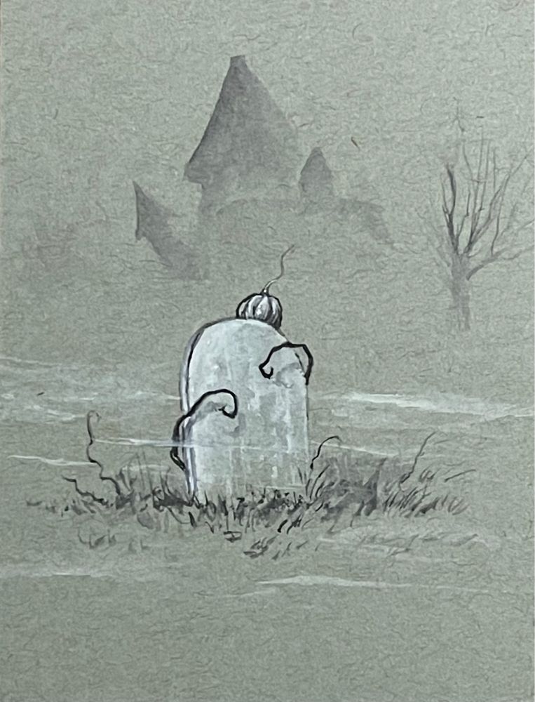 Vines curl around a tombstone. A pumpkin sits on top.