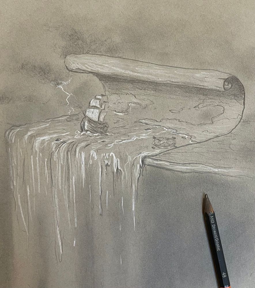 A drawing of a ship. The ship is on a map. One end of the map is curling up. The ship is approaching the other end, where the ocean of the map spills down off a ledge. The pencil I drew this with is also in the picture. 