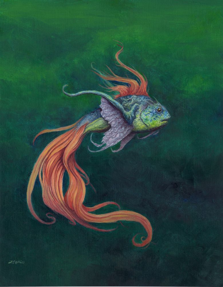 Oil painting of a fish in a sea of green.