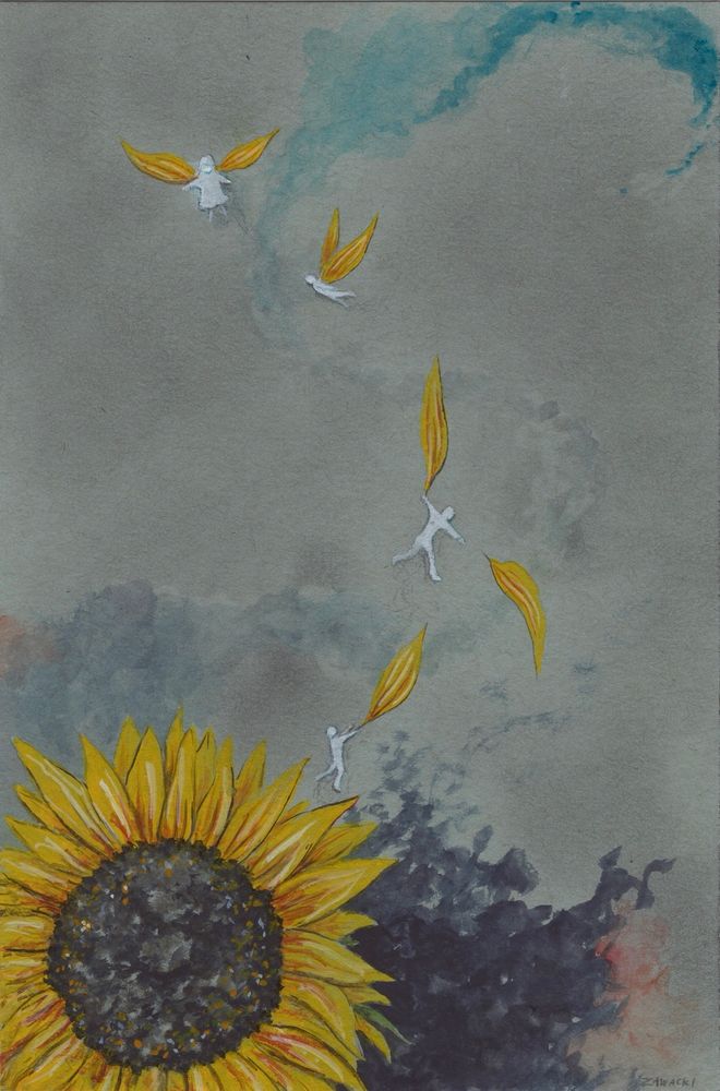 At the bottom of this painting is a sunflower. Petals break off and rise up, with the spirits of Ukrainian children. 