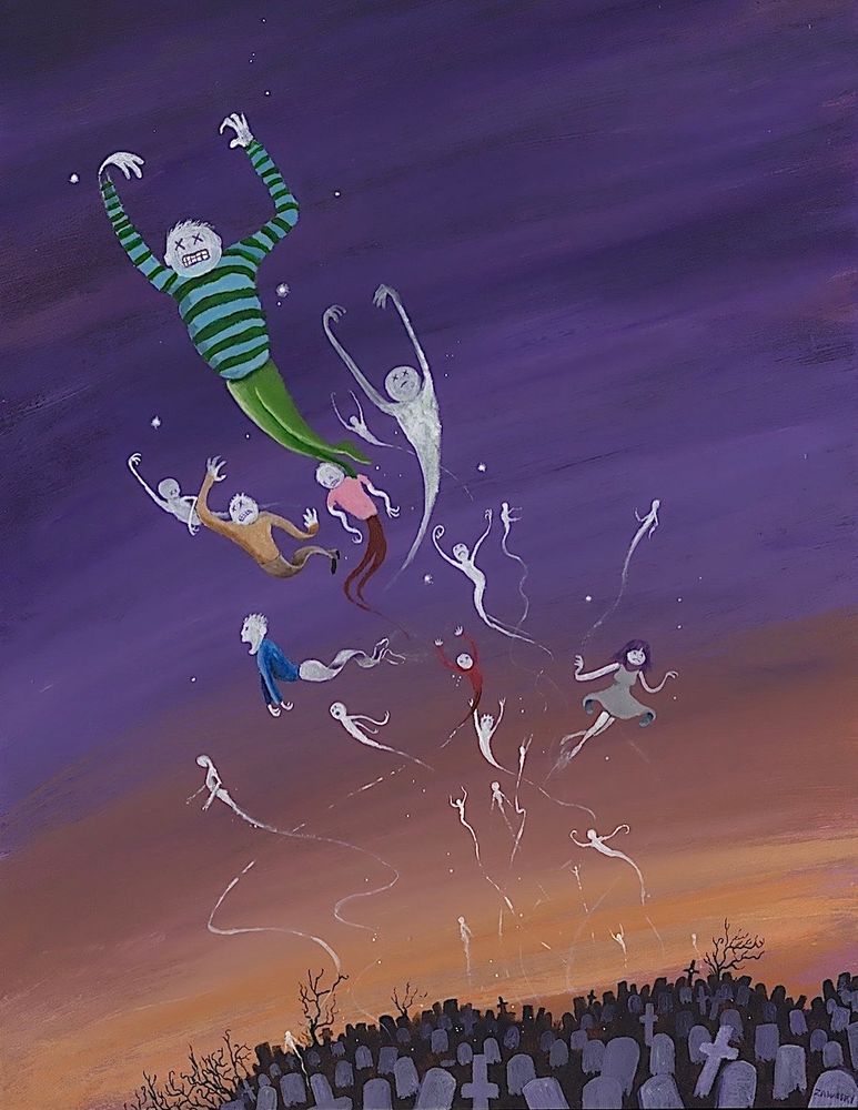 An acrylic painting of various ghosts rising from a graveyard as the evening sky turns purple. 
