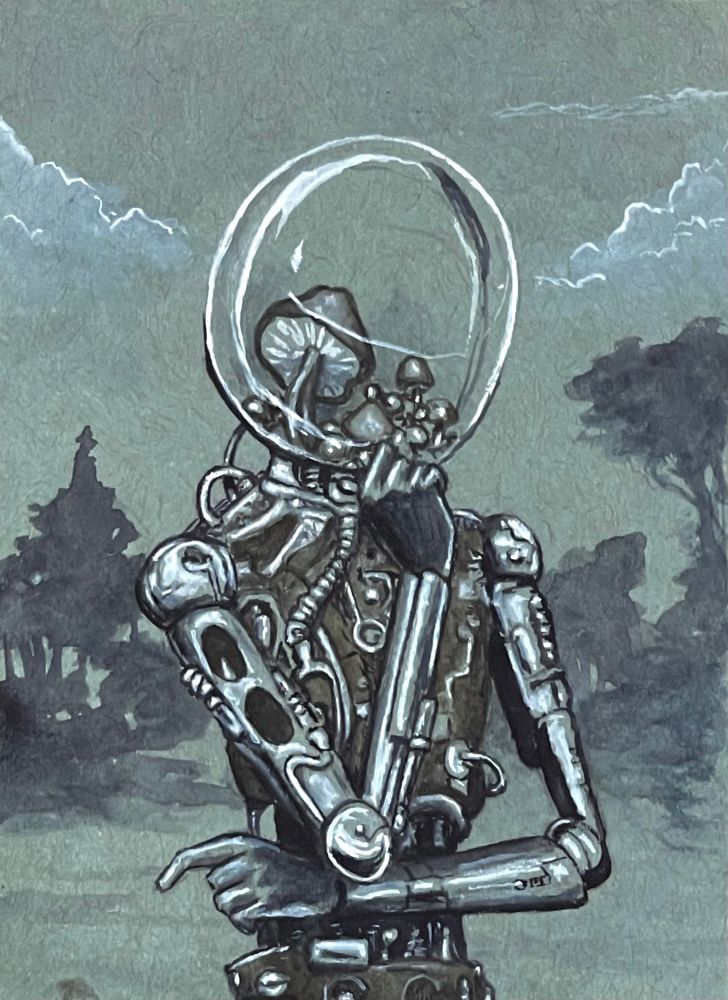 A mechanical person whose head is a glass globe containing mushrooms. 