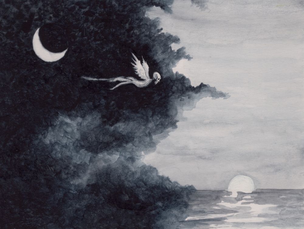 On the left side of the painting is a night sky with a crescent moon. A vaguely bird-shaped, ghostly entity with a human-ish skull flies toward the right side, where the sun either rises or sets at the horizon of the sea. 
