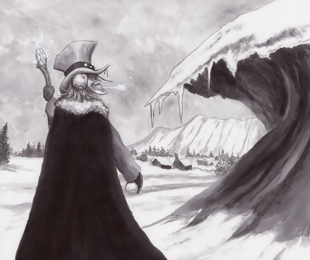 A pointy-nosed fellow with a big hat and frosty breath holds a staff and a snowball as he stands near an icy outcropping. There is a village in the distance. Painted with ink. 