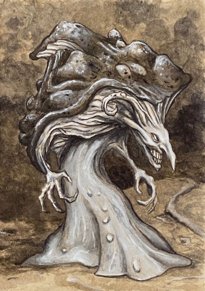 A small watercolor painting on toned paper. A hag in the form of a toadstool, hunched over, with large claws. 