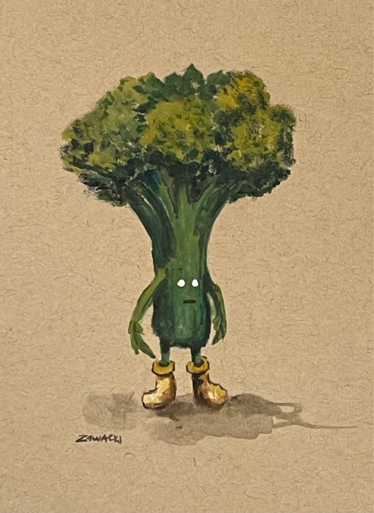 Painting of a Broccoli Ent. His boots are yellow.