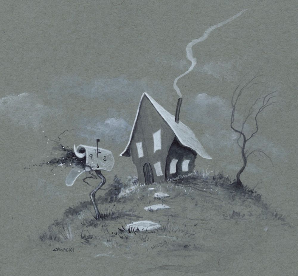 A painting of a cottage on a hill. Before it is an open mailbox, night and stars and moon within. 