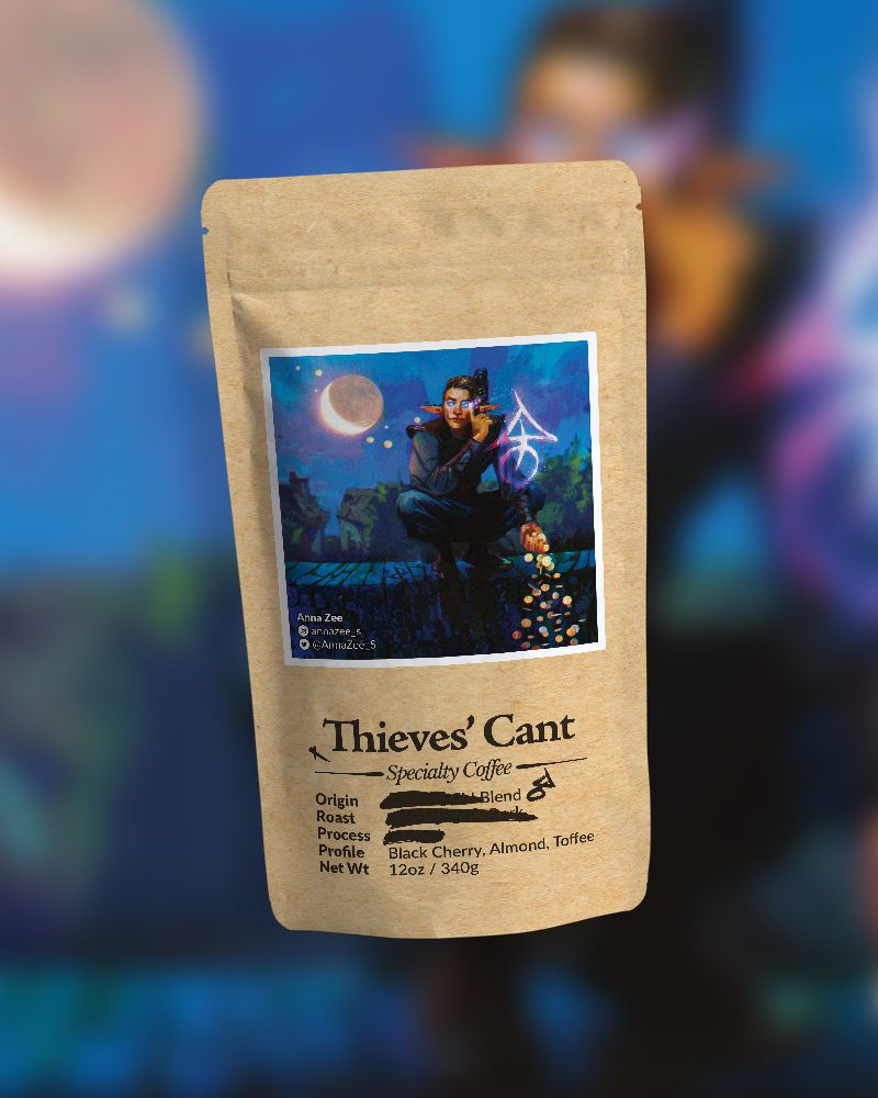 A bag of specialty coffee from Found Familiar that features commissioned art on it