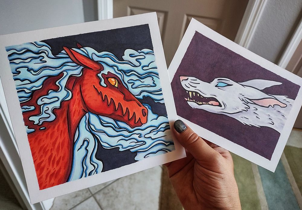 Two copic marker illustrations, both featuring strange mythical creatures.
