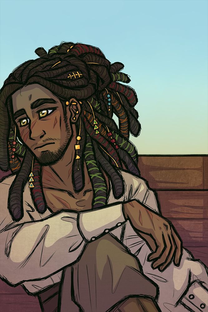 Privateer sitting against a bulwark gazing sadly into the distance.